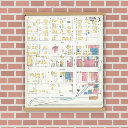 Old map wall art mockup — magnetic wood frame on brick wall — Sanborn Fire Insurance Map from Monett, Barry County, Missouri (1917), Sheet #0007