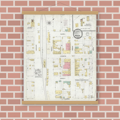 Old map wall art mockup — magnetic wood frame on brick wall — Sanborn Fire Insurance Map from Manor, Travis County, Texas (1900), Sheet #0001