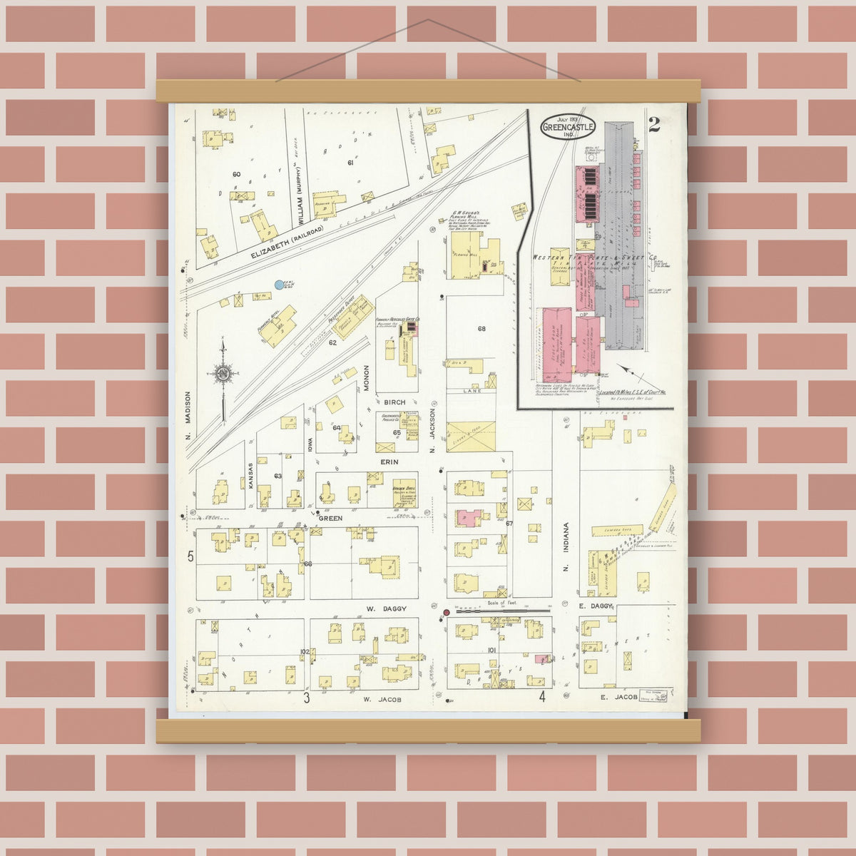 Old map wall art mockup — magnetic wood frame on brick wall — Sanborn Fire Insurance Map from Greencastle, Putnam County, Indiana (1913), Sheet #0002