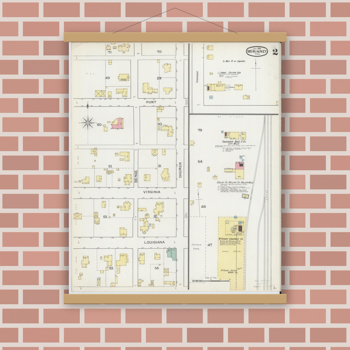 Old map wall art mockup — magnetic wood frame on brick wall — Sanborn Fire Insurance Map from McKinney, Collin County, Texas (1892), Sheet #0002