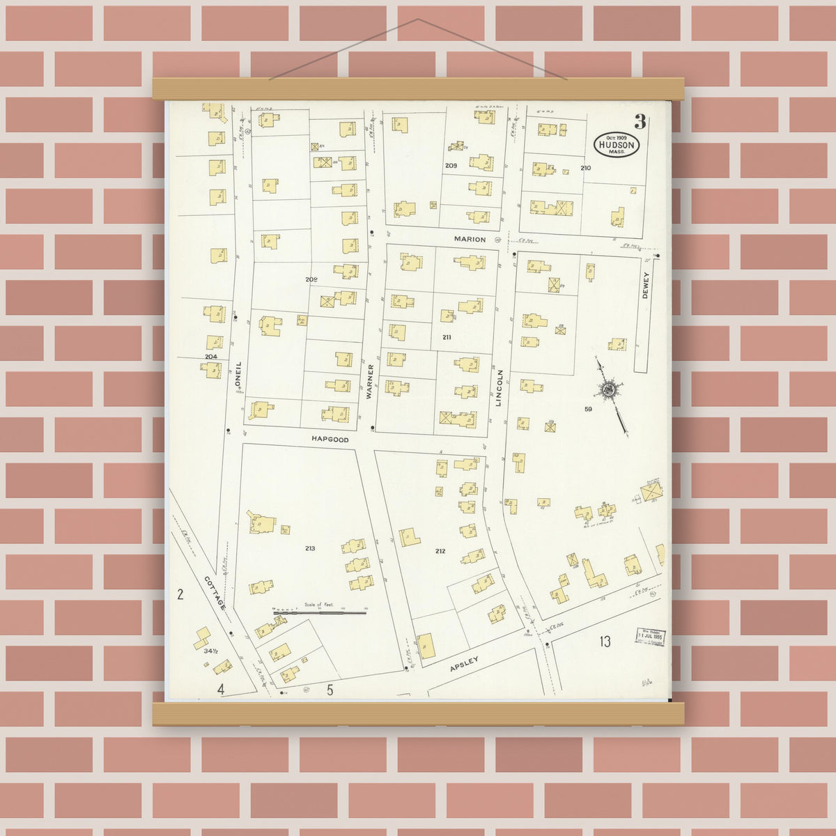 Old map wall art mockup — magnetic wood frame on brick wall — Sanborn Fire Insurance Map from Hudson, Middlesex County, Massachusetts (1909), Sheet #0003