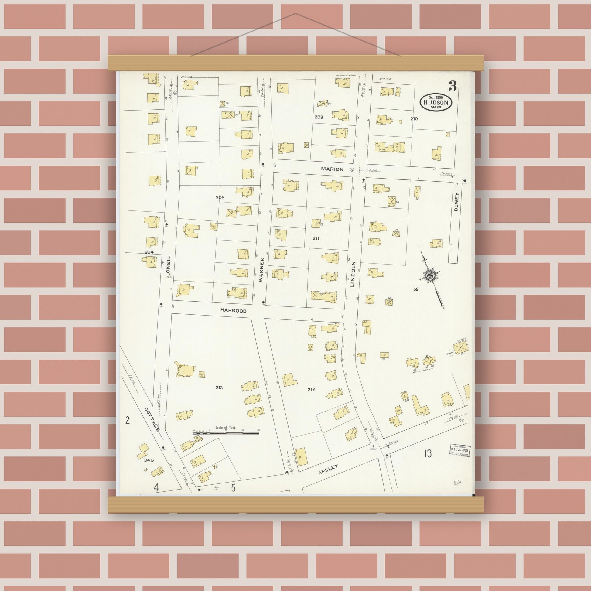 Old map wall art mockup — magnetic wood frame on brick wall — Sanborn Fire Insurance Map from Hudson, Middlesex County, Massachusetts (1909), Sheet #0003