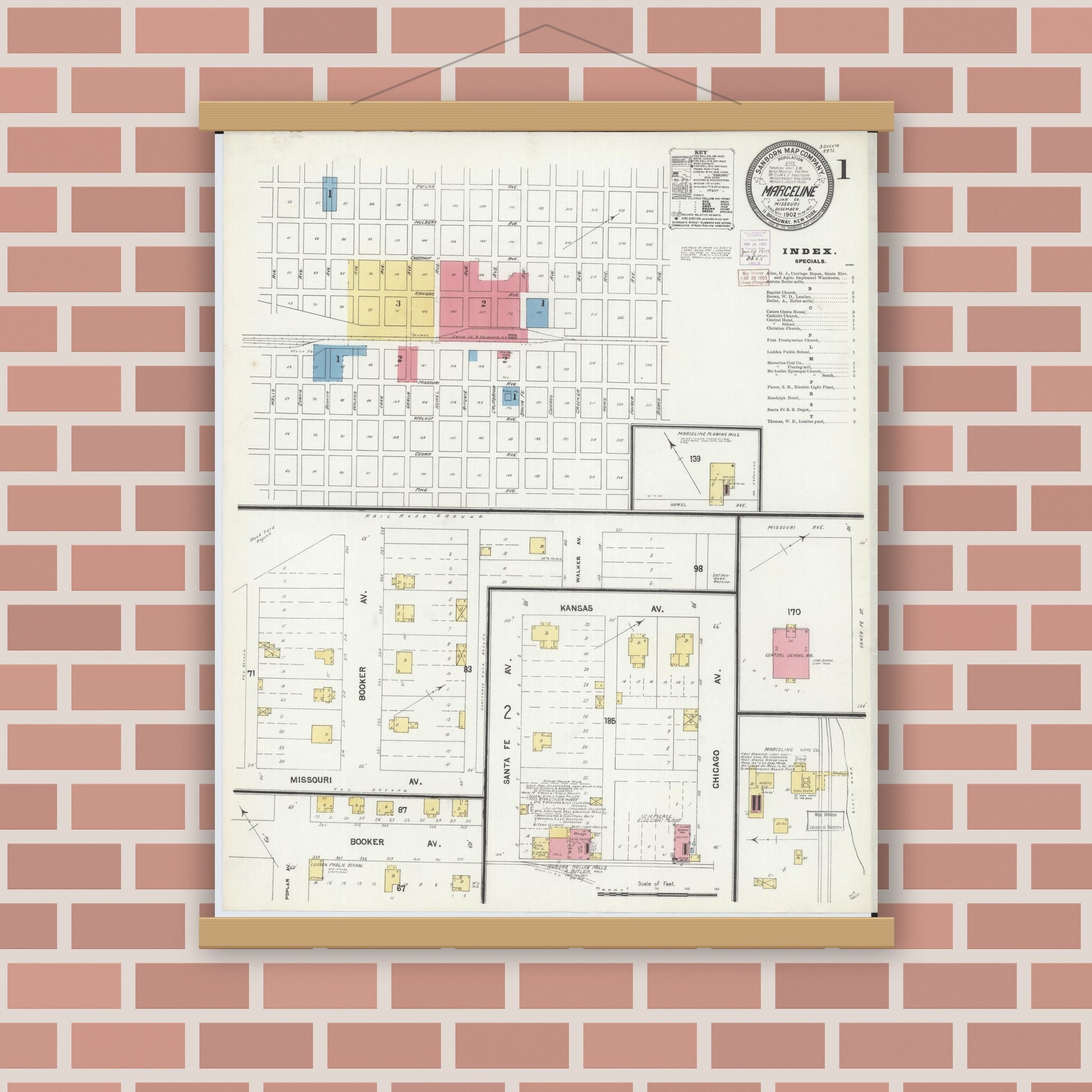 Old map wall art mockup — magnetic wood frame on brick wall — Sanborn Fire Insurance Map from Marceline, Linn County, Missouri (1902), Sheet #0001