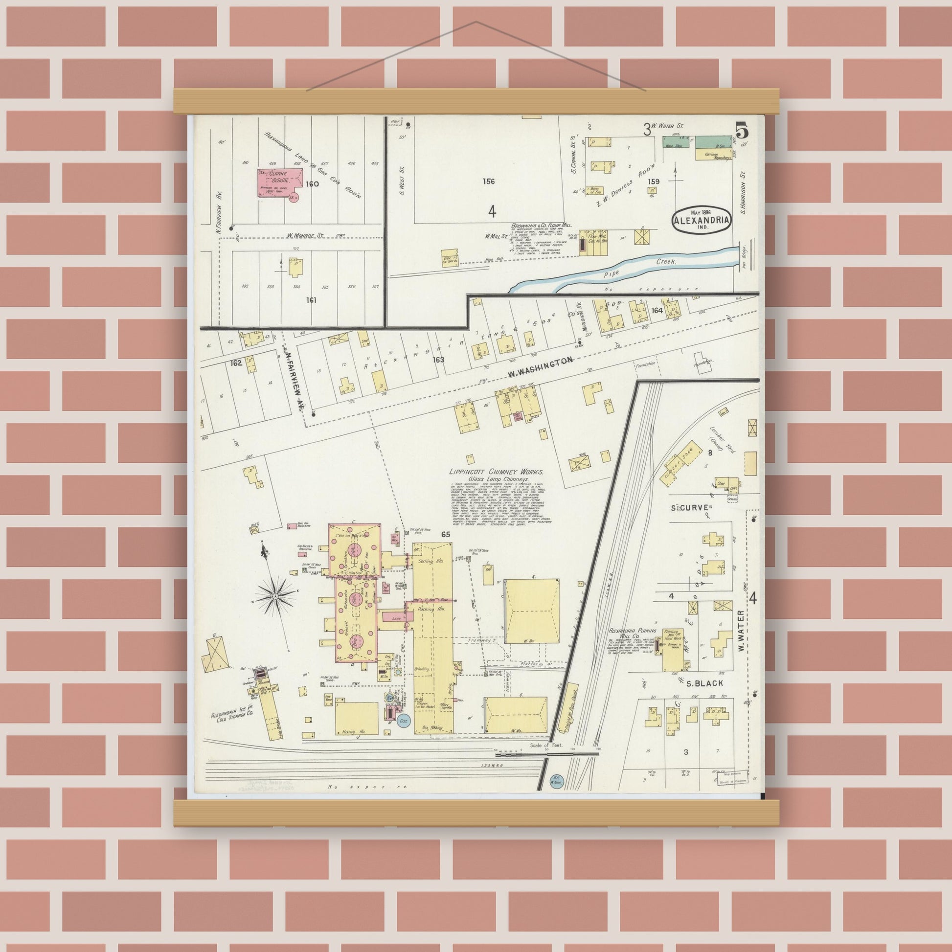 Old map wall art mockup — magnetic wood frame on brick wall — Sanborn Fire Insurance Map from Alexandria, Madison County, Indiana (1896), Sheet #0005