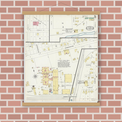 Old map wall art mockup — magnetic wood frame on brick wall — Sanborn Fire Insurance Map from Alexandria, Madison County, Indiana (1896), Sheet #0005