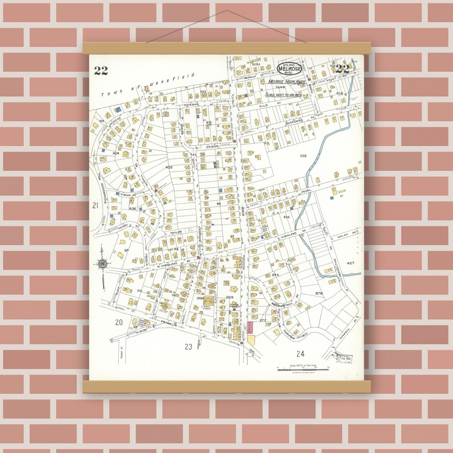 Old map wall art mockup — magnetic wood frame on brick wall — Sanborn Fire Insurance Map from Melrose, Middlesex County, Massachusetts (1923), Sheet #0022
