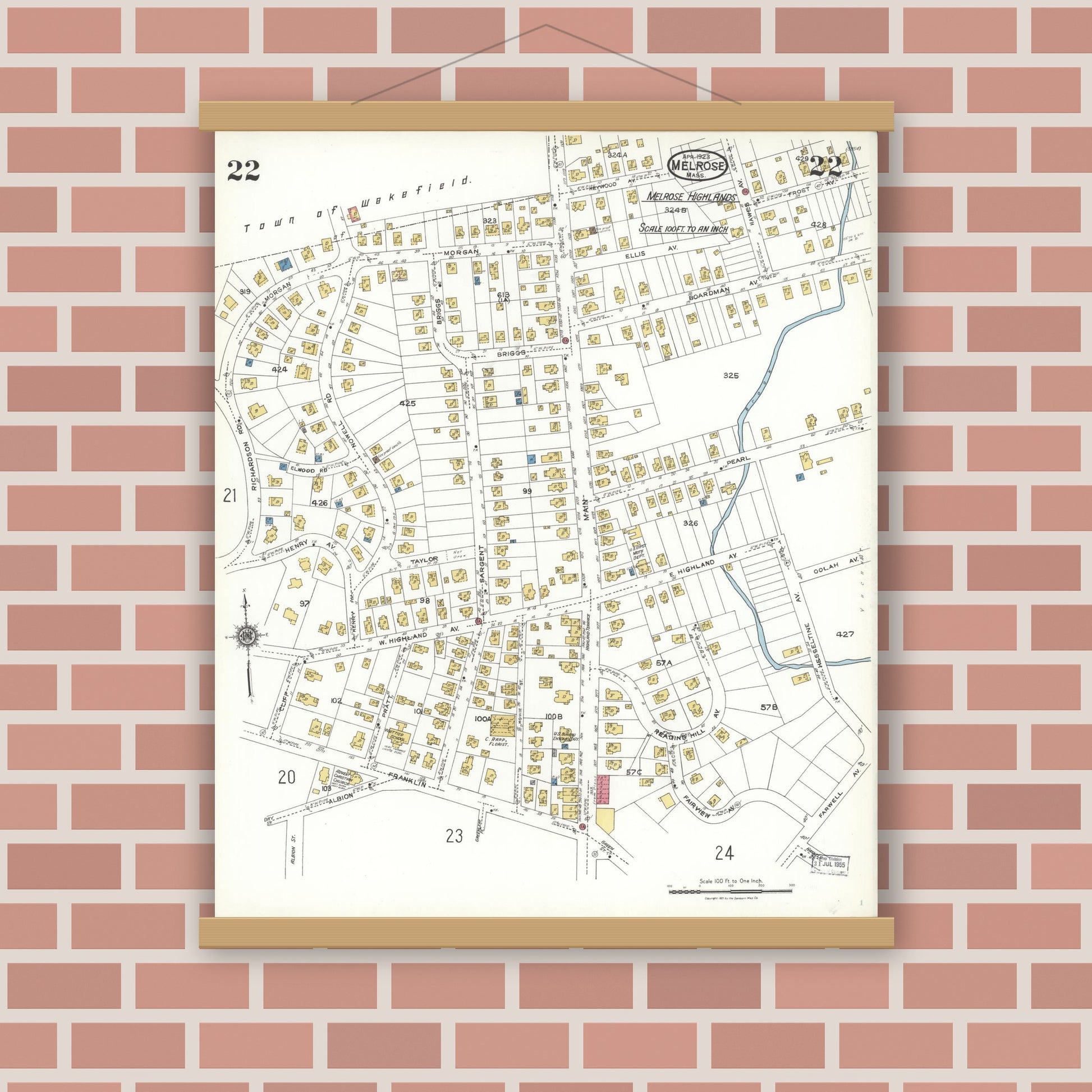 Old map wall art mockup — magnetic wood frame on brick wall — Sanborn Fire Insurance Map from Melrose, Middlesex County, Massachusetts (1923), Sheet #0022