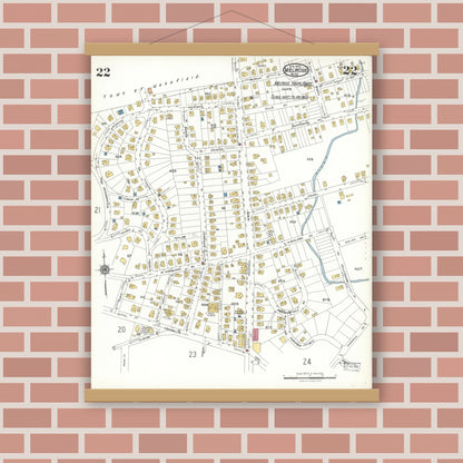 Old map wall art mockup — magnetic wood frame on brick wall — Sanborn Fire Insurance Map from Melrose, Middlesex County, Massachusetts (1923), Sheet #0022