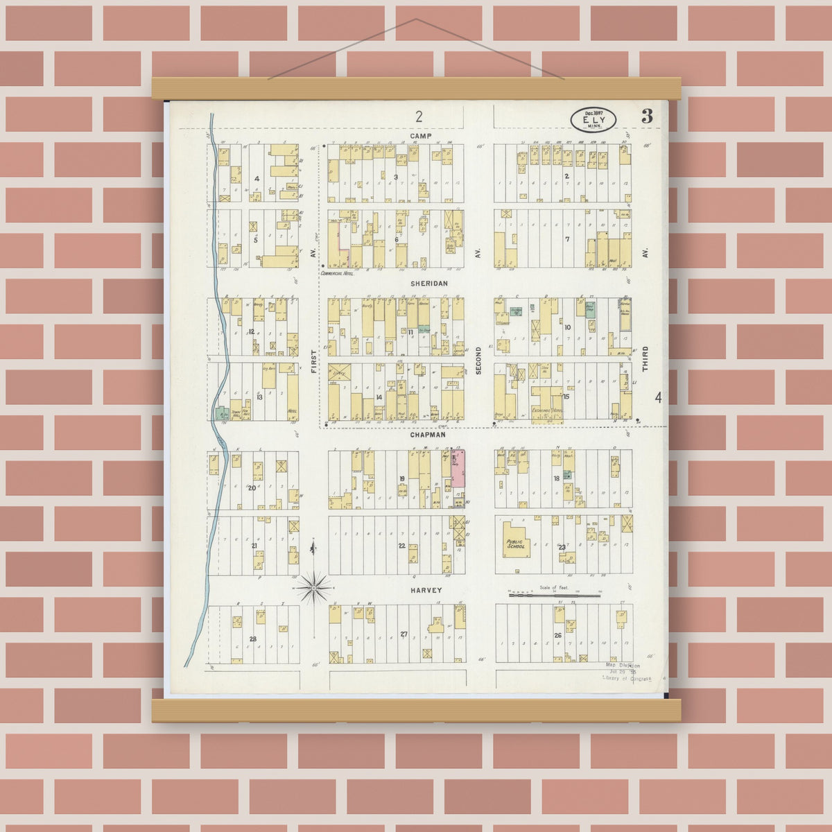 Old map wall art mockup — magnetic wood frame on brick wall — Sanborn Fire Insurance Map from Ely, Saint Louis County, Minnesota (1897), Sheet #0003