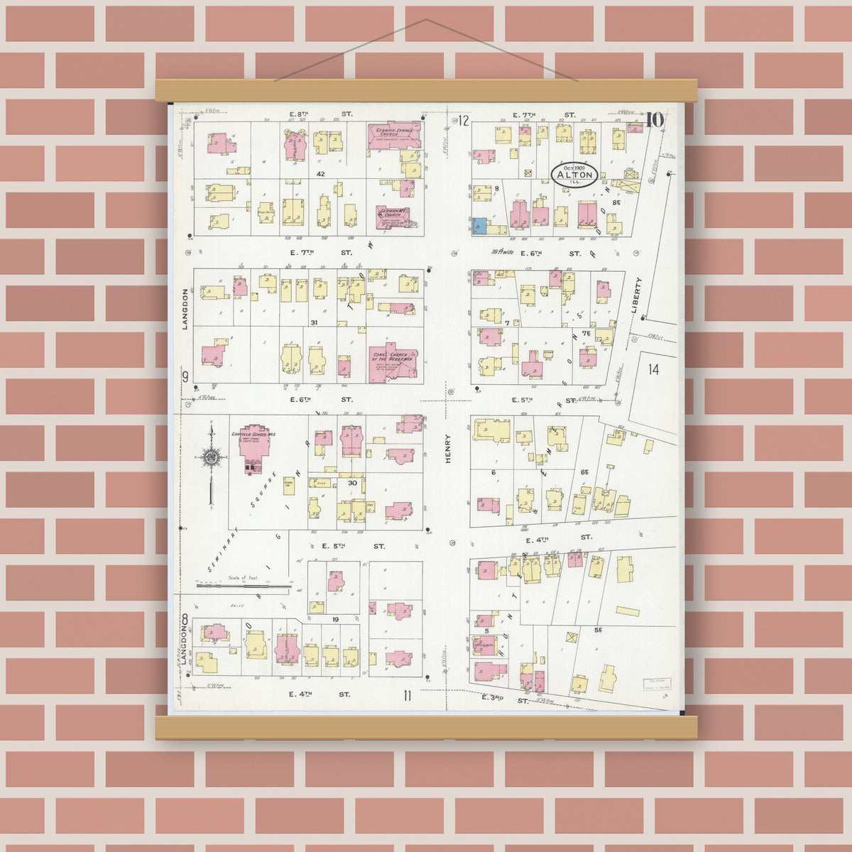 Old map wall art mockup — magnetic wood frame on brick wall — Sanborn Fire Insurance Map from Alton, Madison County, Illinois (1909), Sheet #0010