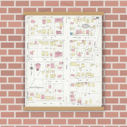 Old map wall art mockup — magnetic wood frame on brick wall — Sanborn Fire Insurance Map from Alton, Madison County, Illinois (1909), Sheet #0010