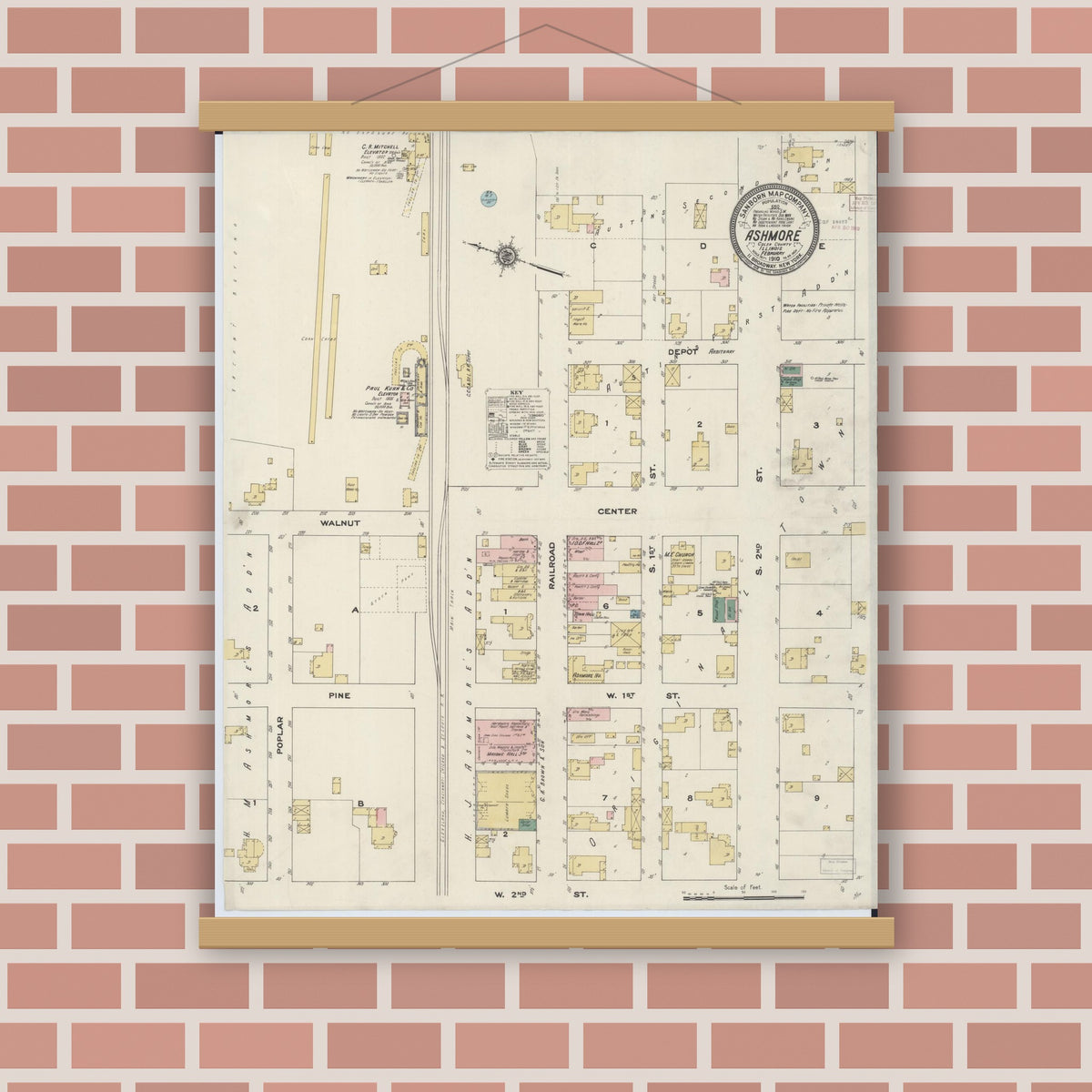 Old map wall art mockup — magnetic wood frame on brick wall — Sanborn Fire Insurance Map from Ashmore, Coles County, Illinois (1910), Sheet #0001