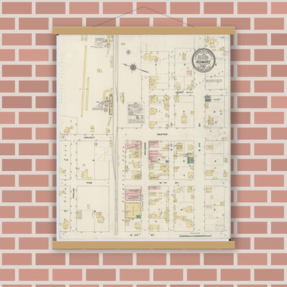 Old map wall art mockup — magnetic wood frame on brick wall — Sanborn Fire Insurance Map from Ashmore, Coles County, Illinois (1910), Sheet #0001