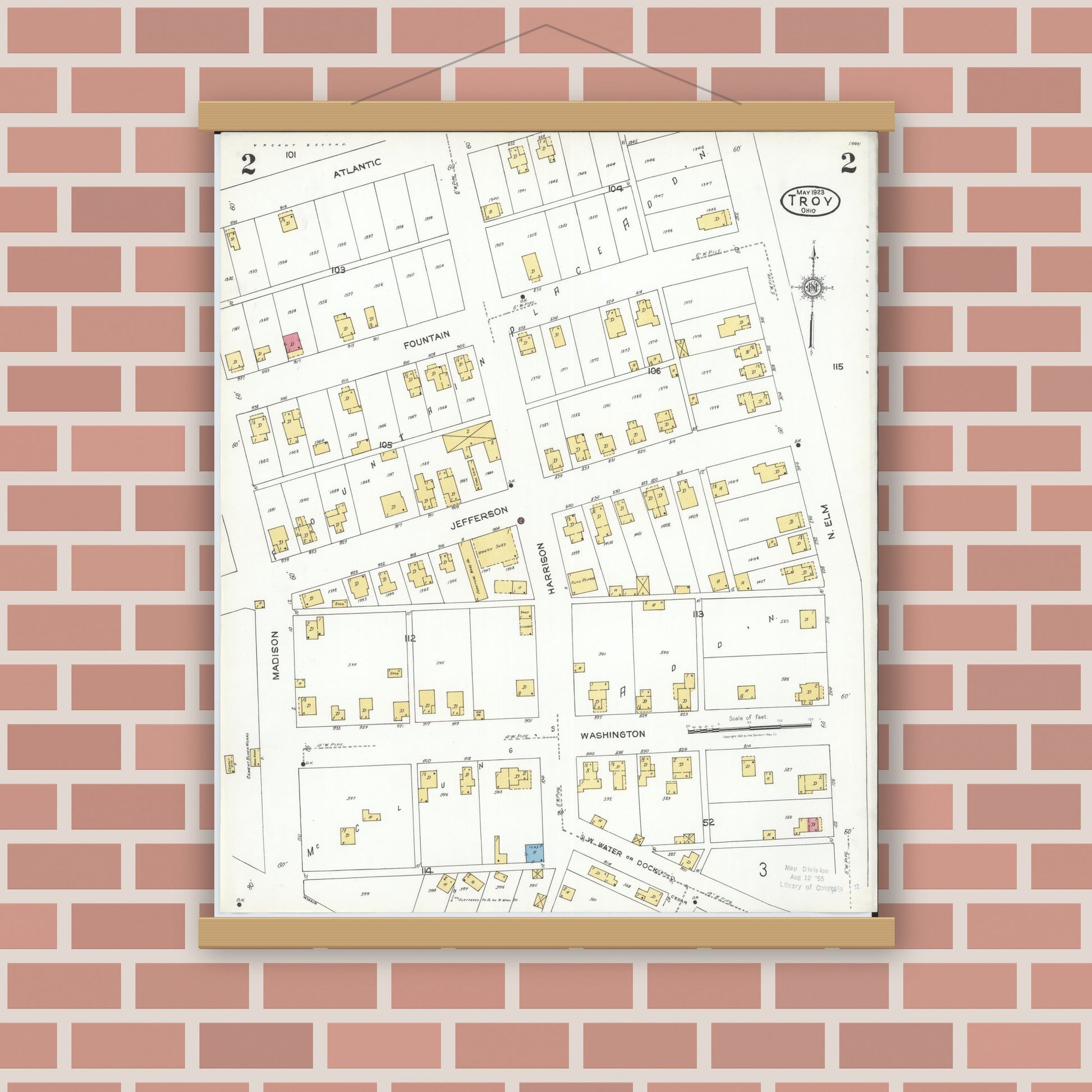 Old map wall art mockup — magnetic wood frame on brick wall — Sanborn Fire Insurance Map from Troy, Miami County, Ohio (1923), Sheet #0002