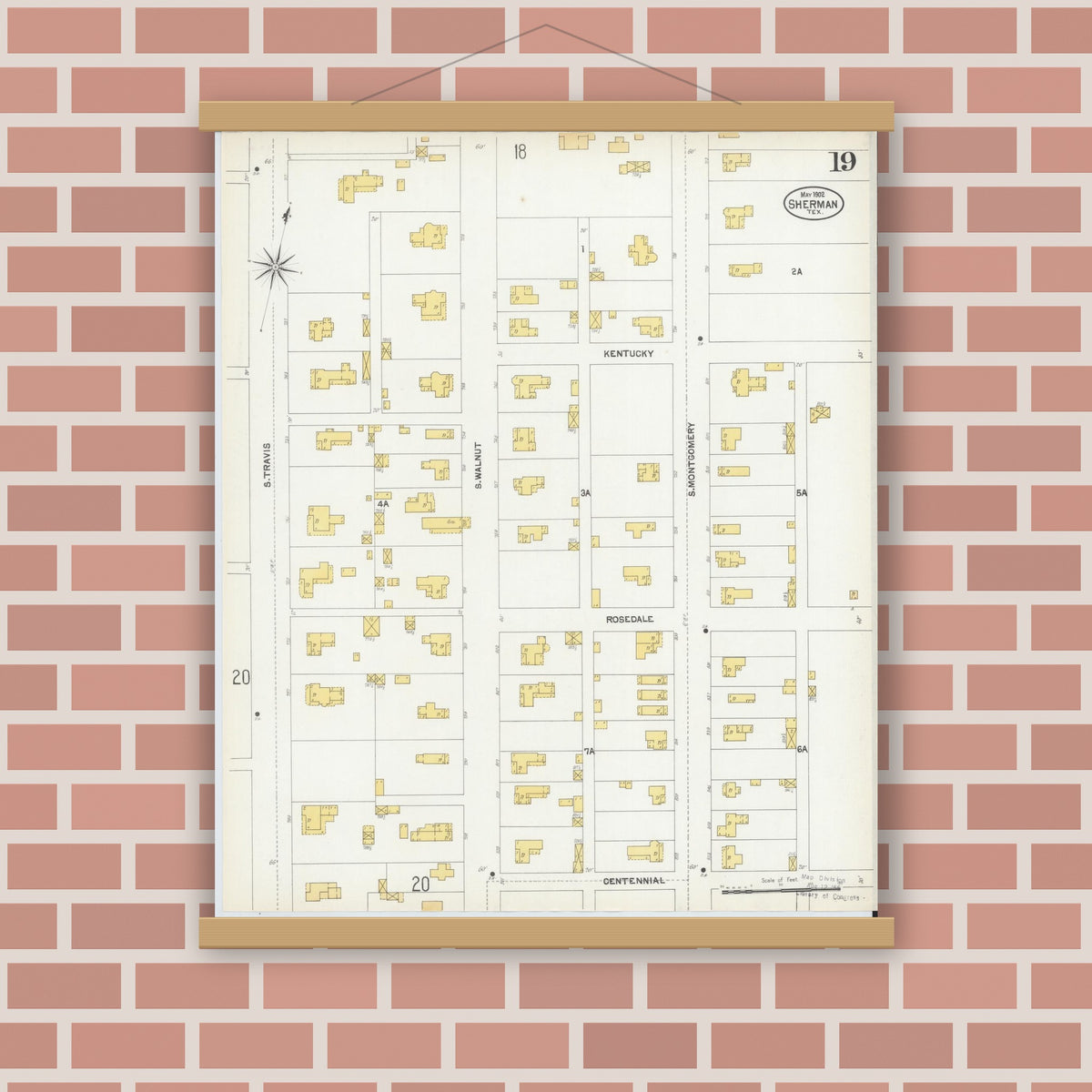 Old map wall art mockup — magnetic wood frame on brick wall — Sanborn Fire Insurance Map from Sherman, Grayson County, Texas (1902), Sheet #0019