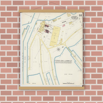 Old map wall art mockup — magnetic wood frame on brick wall — Sanborn Fire Insurance Map from Oscoda, Iosco County, Michigan (1890), Sheet #0014