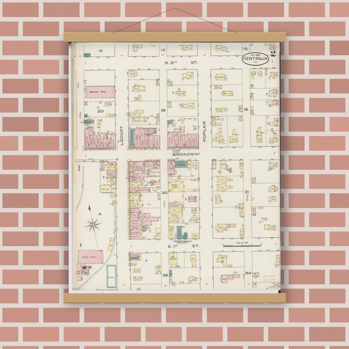 Old map wall art mockup — magnetic wood frame on brick wall — Sanborn Fire Insurance Map from Centralia, Marion, Clinton, Jefferson, and Washington Counties, Illinois (1886), Sheet #0002
