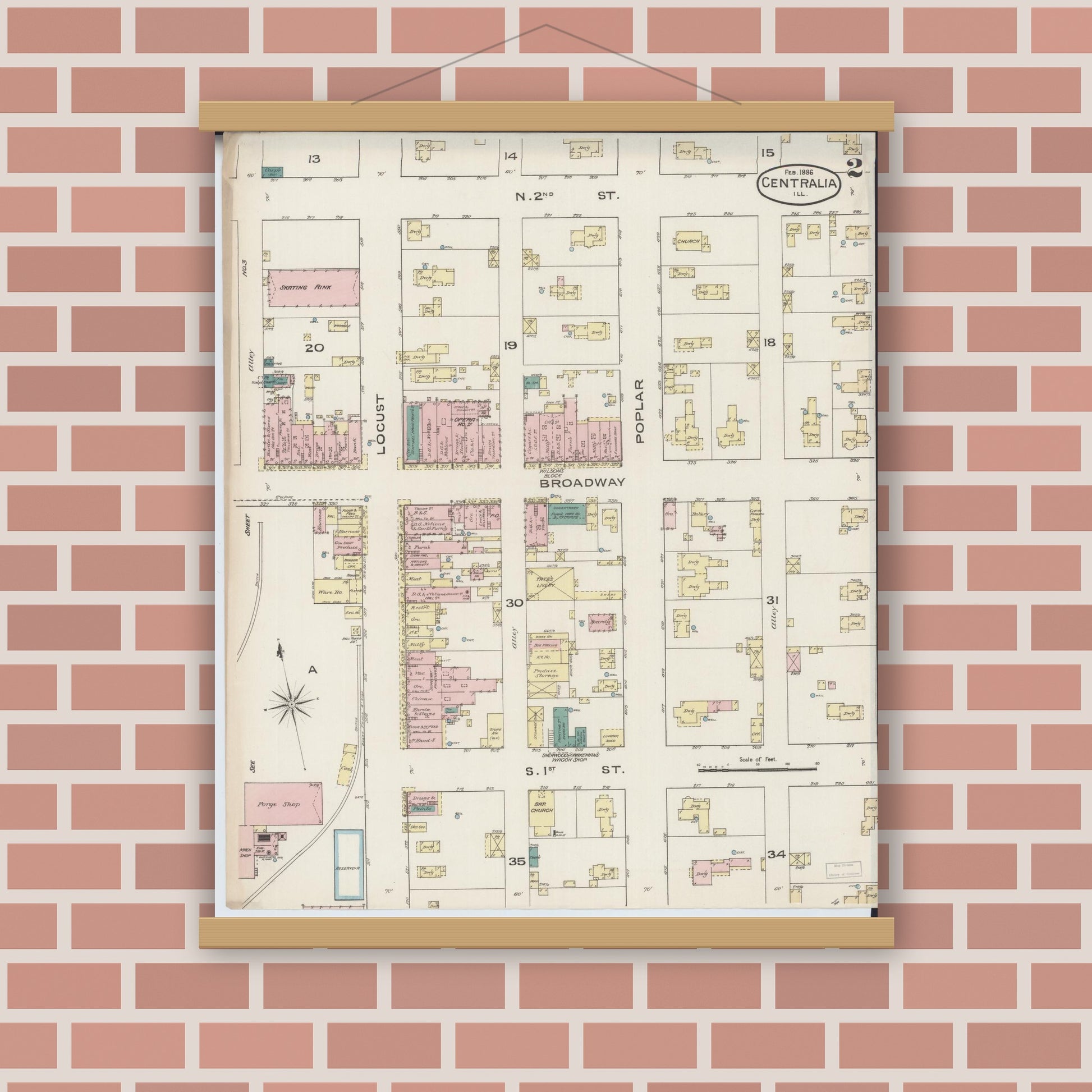 Old map wall art mockup — magnetic wood frame on brick wall — Sanborn Fire Insurance Map from Centralia, Marion, Clinton, Jefferson, and Washington Counties, Illinois (1886), Sheet #0002