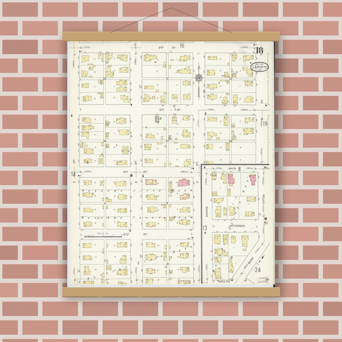 Old map wall art mockup — magnetic wood frame on brick wall — Sanborn Fire Insurance Map from La Porte, La Porte County, Indiana (1912), Sheet #0018