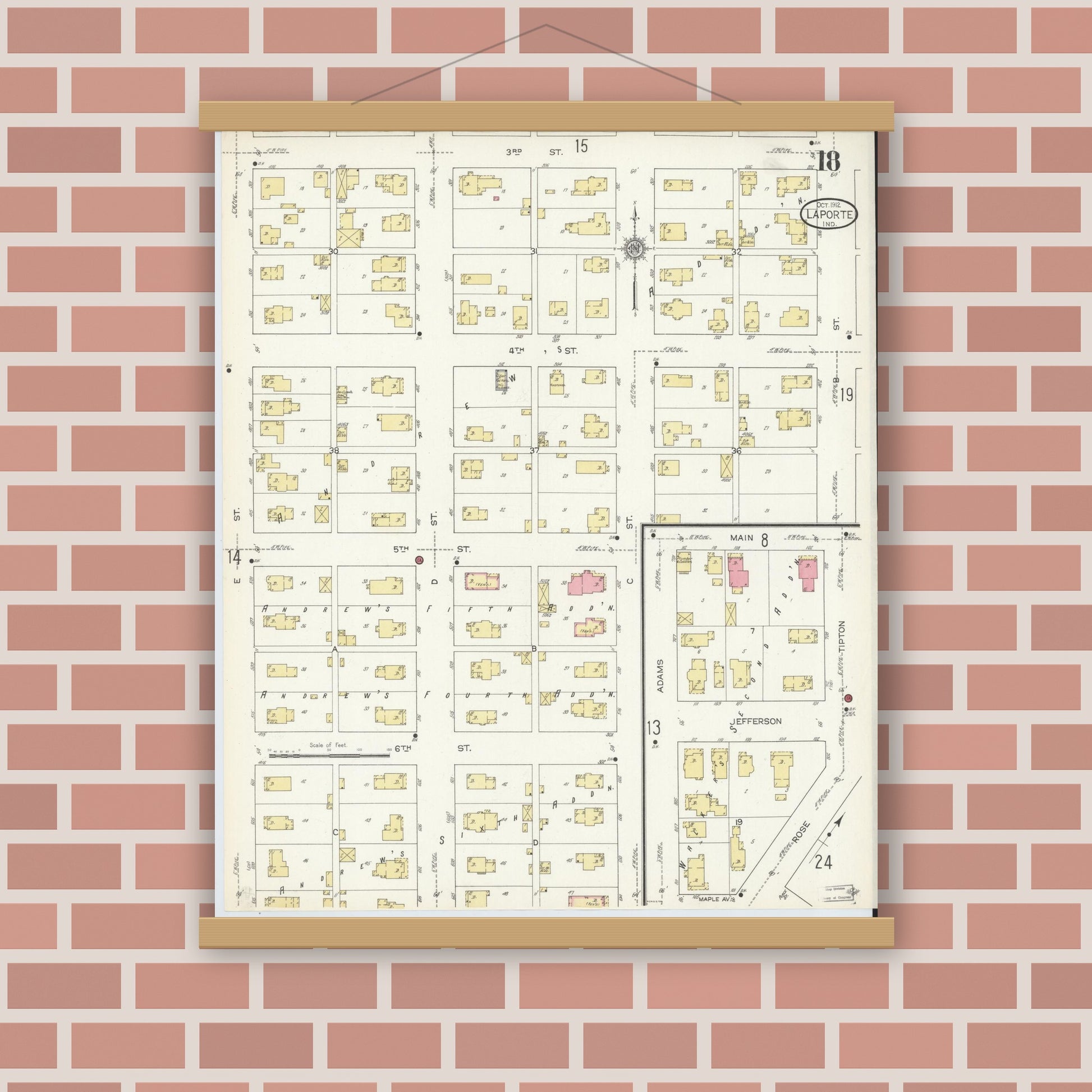 Old map wall art mockup — magnetic wood frame on brick wall — Sanborn Fire Insurance Map from La Porte, La Porte County, Indiana (1912), Sheet #0018