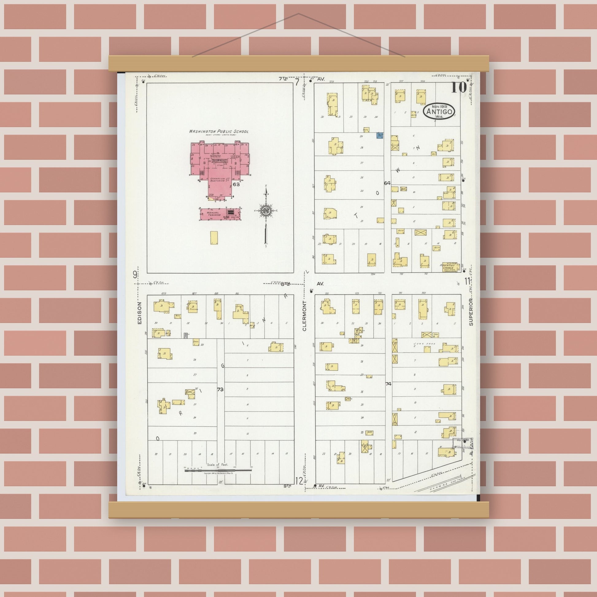 Old map wall art mockup — magnetic wood frame on brick wall — Sanborn Fire Insurance Map from Antigo, Langlade County, Wisconsin (1919), Sheet #0010