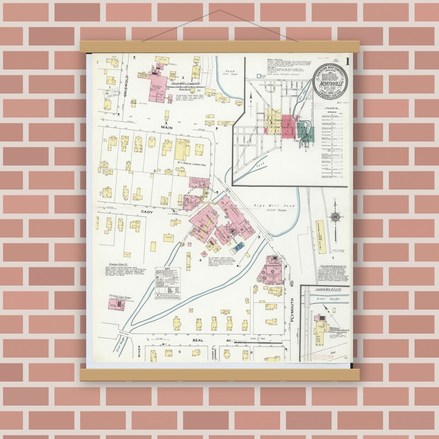 Old map wall art mockup — magnetic wood frame on brick wall — Sanborn Fire Insurance Map from Northville, Wayne County, Michigan (1909) - Complete Map Set