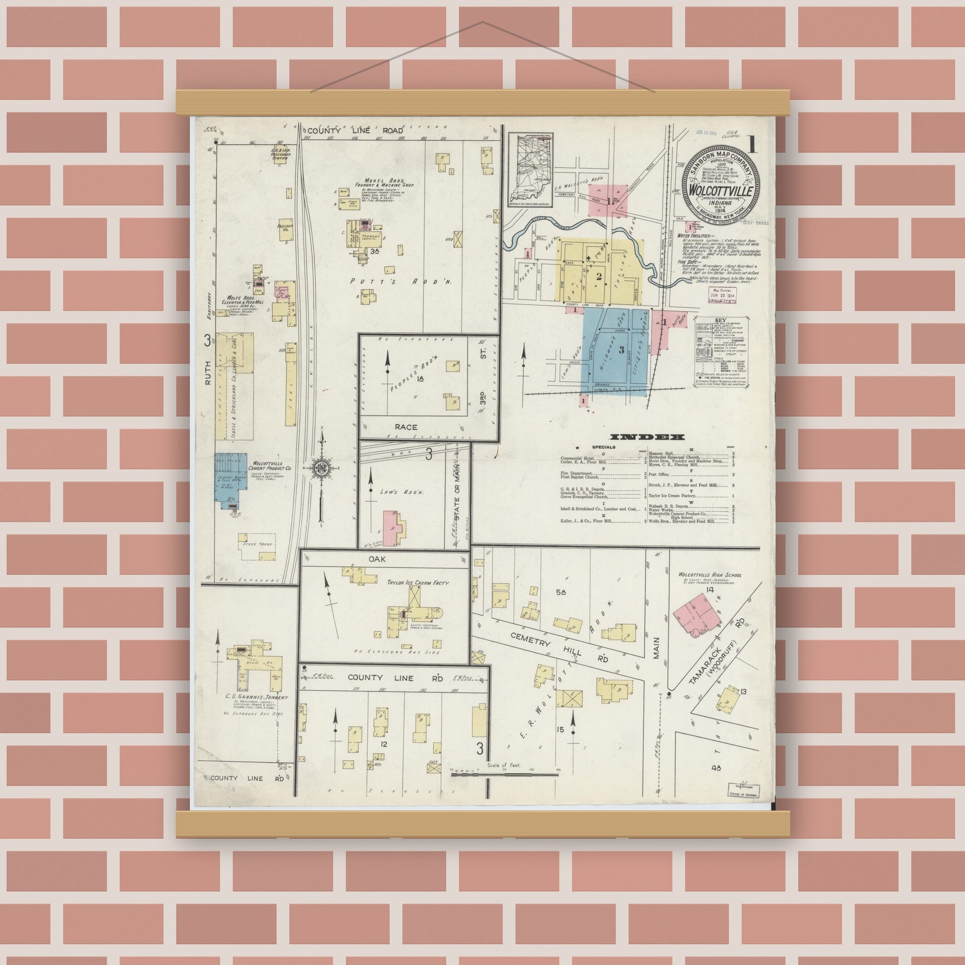 Old map wall art mockup — magnetic wood frame on brick wall — Sanborn Fire Insurance Map from Wolcottville, Noble And LaGrange Counties, Indiana (1914) - Complete Map Set