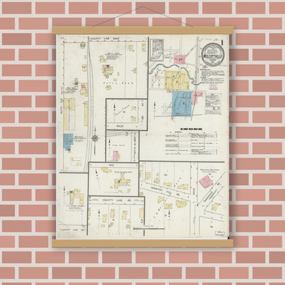 Old map wall art mockup — magnetic wood frame on brick wall — Sanborn Fire Insurance Map from Wolcottville, Noble And LaGrange Counties, Indiana (1914) - Complete Map Set