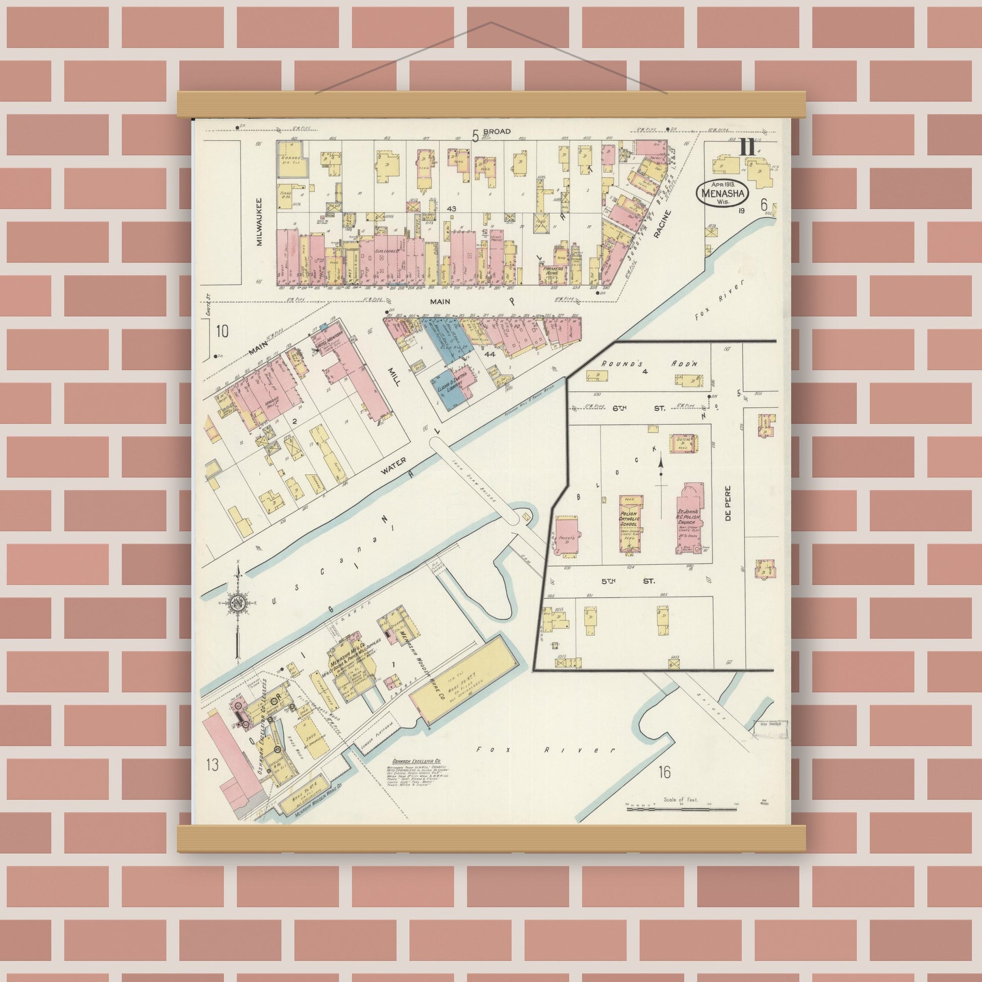 Old map wall art mockup — magnetic wood frame on brick wall — Sanborn Fire Insurance Map from Menasha, Winnebago County, Wisconsin (1913), Sheet #0011