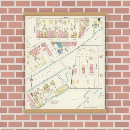 Old map wall art mockup — magnetic wood frame on brick wall — Sanborn Fire Insurance Map from Menasha, Winnebago County, Wisconsin (1913), Sheet #0011