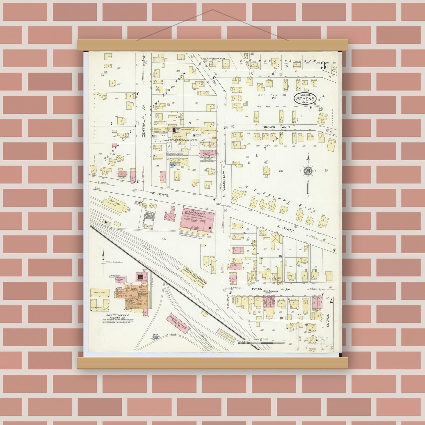 Old map wall art mockup — magnetic wood frame on brick wall — Sanborn Fire Insurance Map from Athens, Athens County, Ohio (1914), Sheet #0003