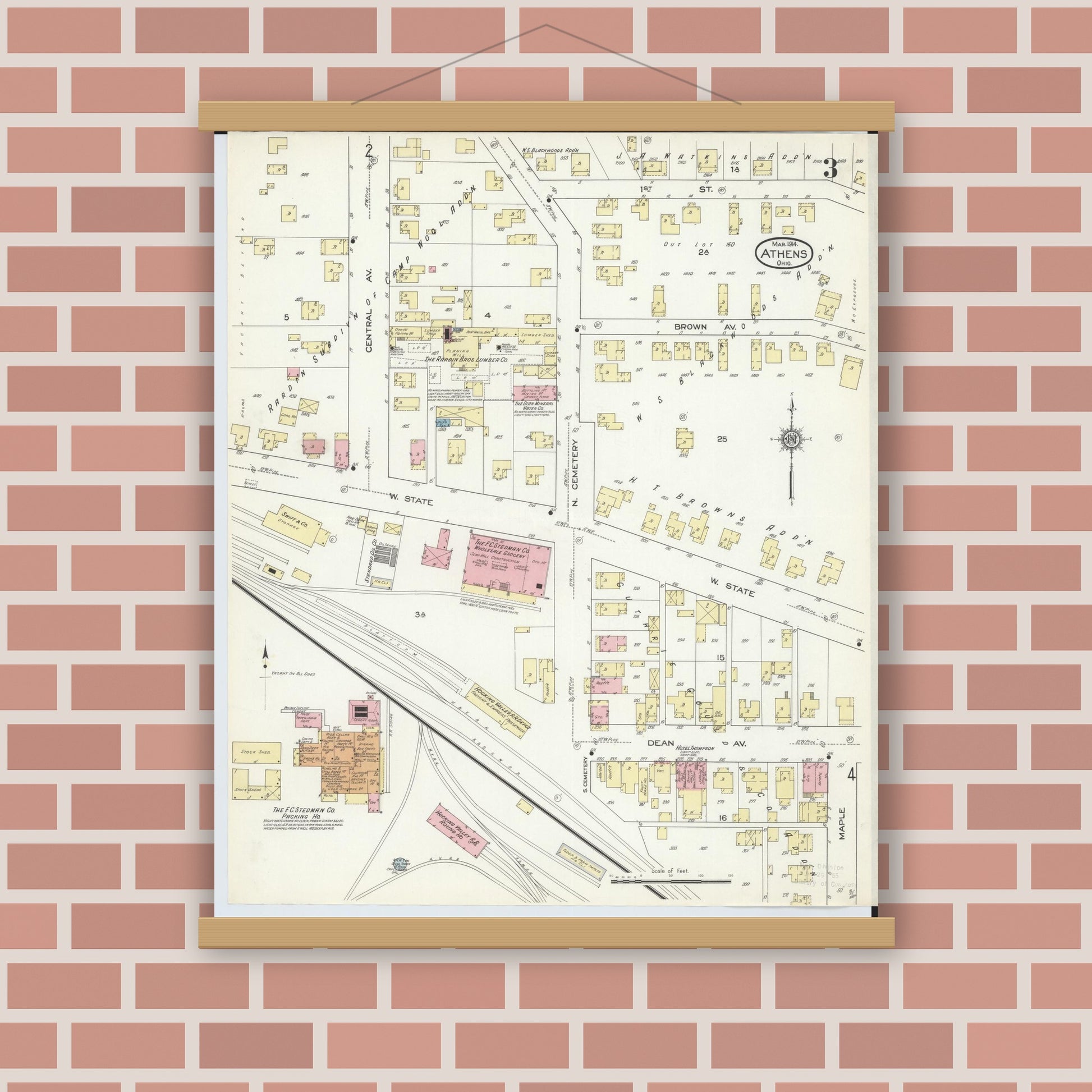 Old map wall art mockup — magnetic wood frame on brick wall — Sanborn Fire Insurance Map from Athens, Athens County, Ohio (1914), Sheet #0003