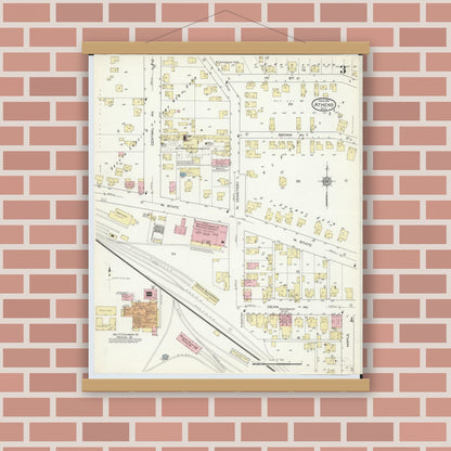 Old map wall art mockup — magnetic wood frame on brick wall — Sanborn Fire Insurance Map from Athens, Athens County, Ohio (1914), Sheet #0003