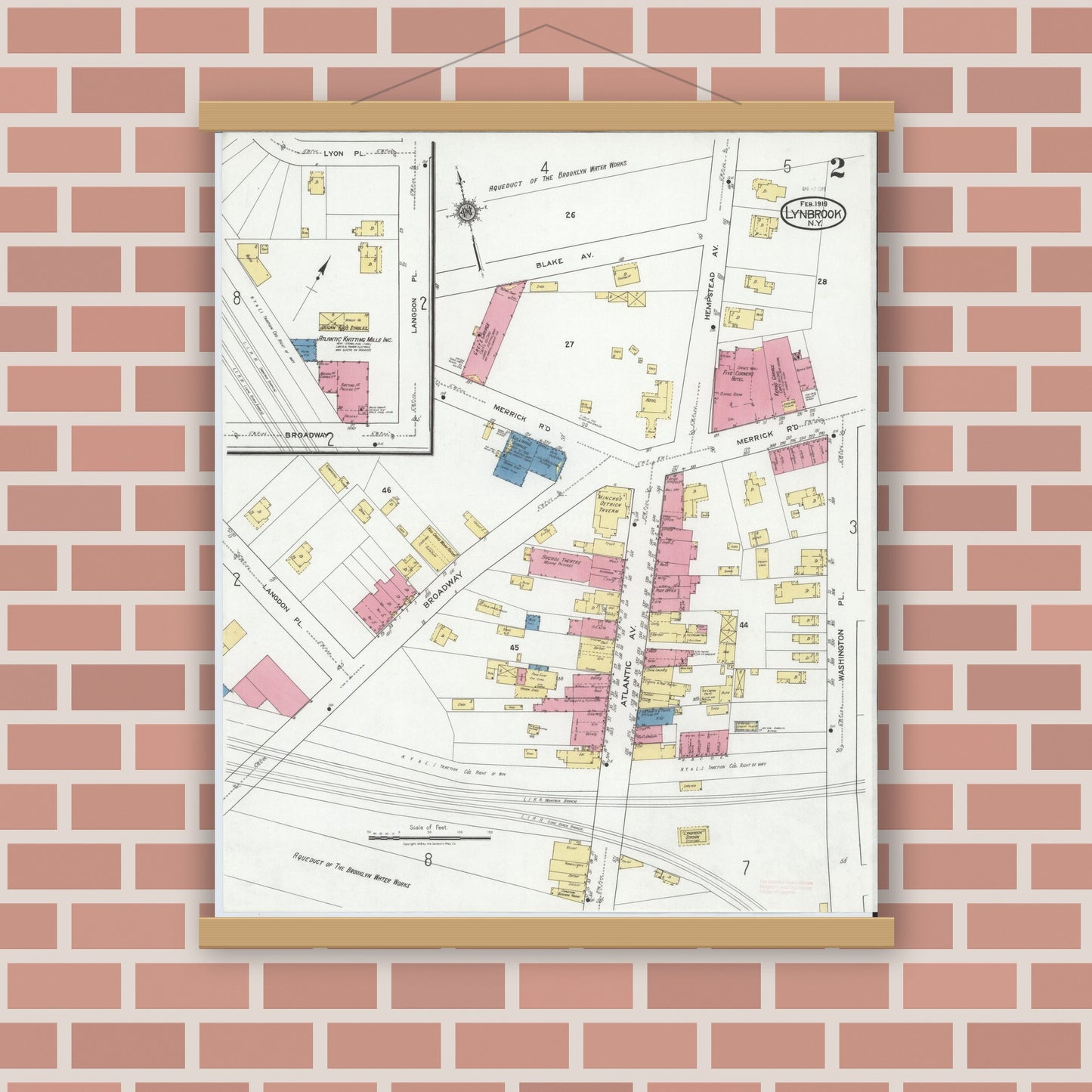 Old map wall art mockup — magnetic wood frame on brick wall — Sanborn Fire Insurance Map from Lynbrook, Nassau County, New York (1919), Sheet #0002