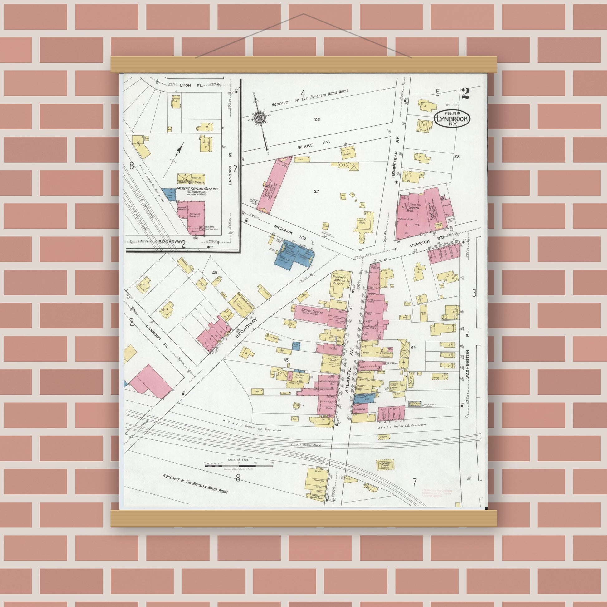 Old map wall art mockup — magnetic wood frame on brick wall — Sanborn Fire Insurance Map from Lynbrook, Nassau County, New York (1919), Sheet #0002