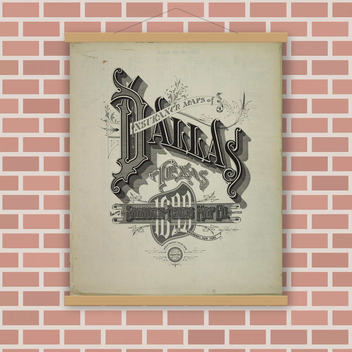 Old map wall art mockup — magnetic wood frame on brick wall — Sanborn Fire Insurance Map from Dallas, Dallas County, Texas (1899), Sheet #0001