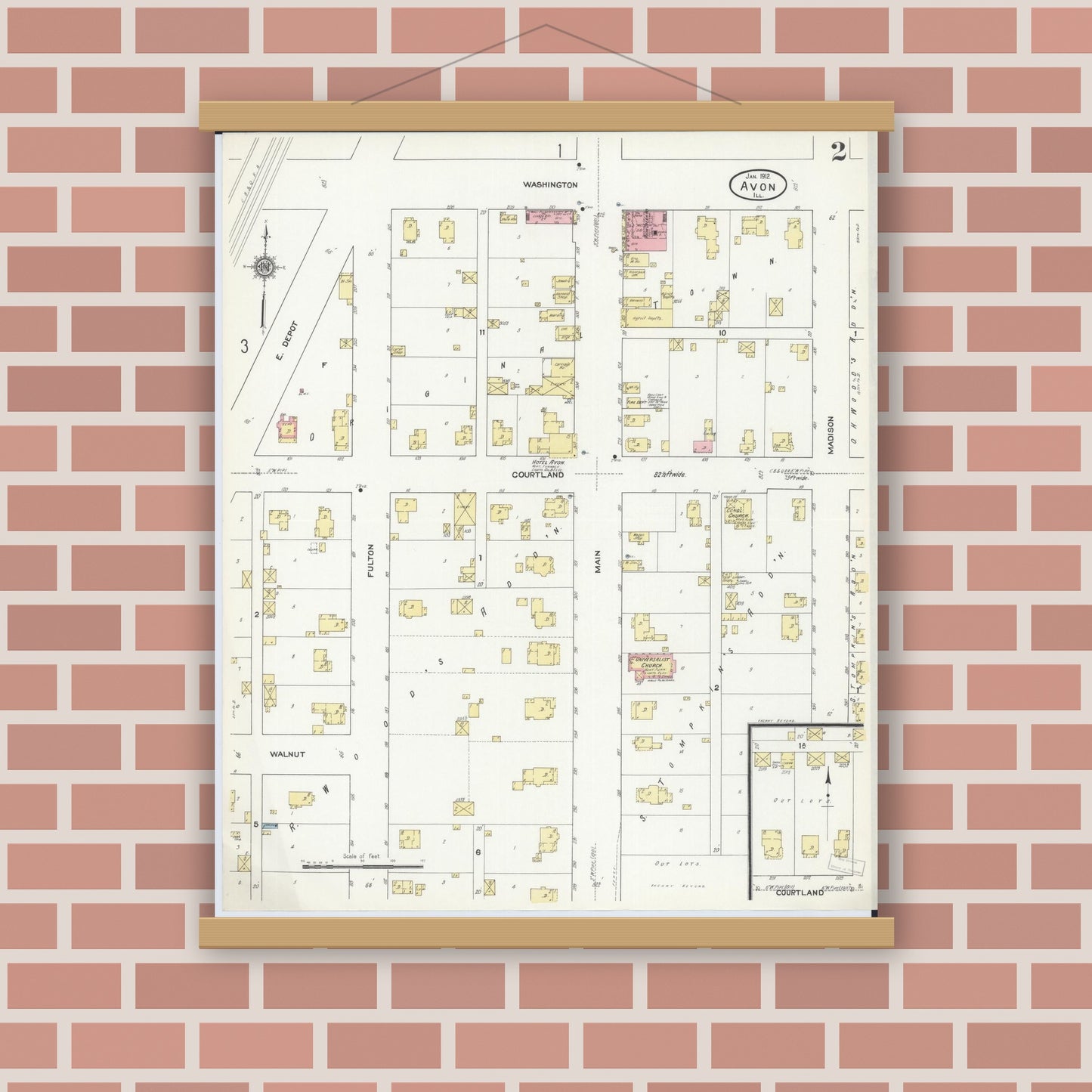 Old map wall art mockup — magnetic wood frame on brick wall — Sanborn Fire Insurance Map from Avon, Fulton County, Illinois (1912), Sheet #0002