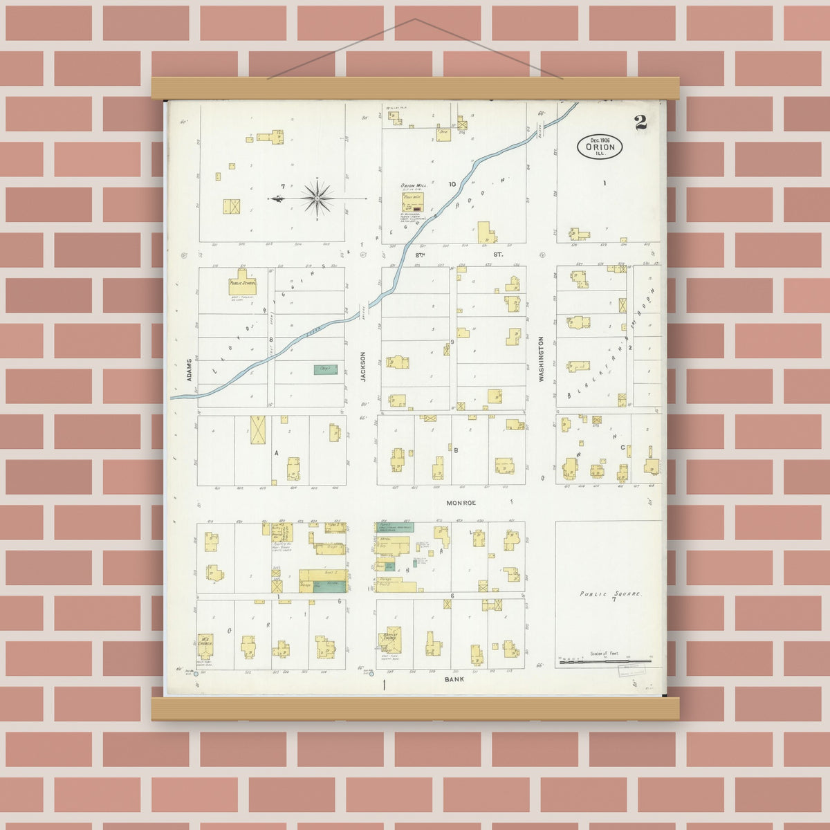 Old map wall art mockup — magnetic wood frame on brick wall — Sanborn Fire Insurance Map from Orion, Henry County, Illinois (1906), Sheet #0002