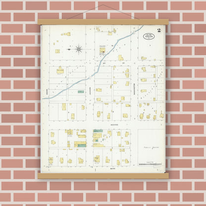 Old map wall art mockup — magnetic wood frame on brick wall — Sanborn Fire Insurance Map from Orion, Henry County, Illinois (1906), Sheet #0002