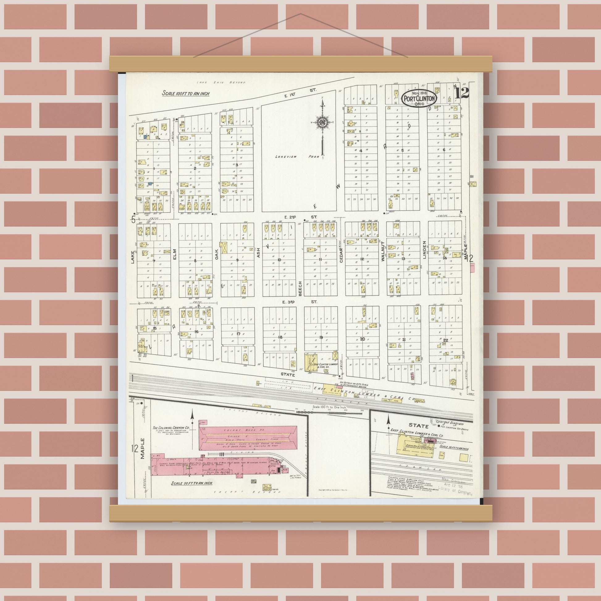 Old map wall art mockup — magnetic wood frame on brick wall — Sanborn Fire Insurance Map from Port Clinton, Ottawa County, Ohio (1916), Sheet #0012