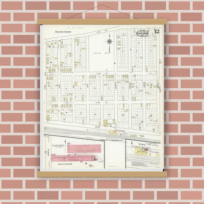 Old map wall art mockup — magnetic wood frame on brick wall — Sanborn Fire Insurance Map from Port Clinton, Ottawa County, Ohio (1916), Sheet #0012