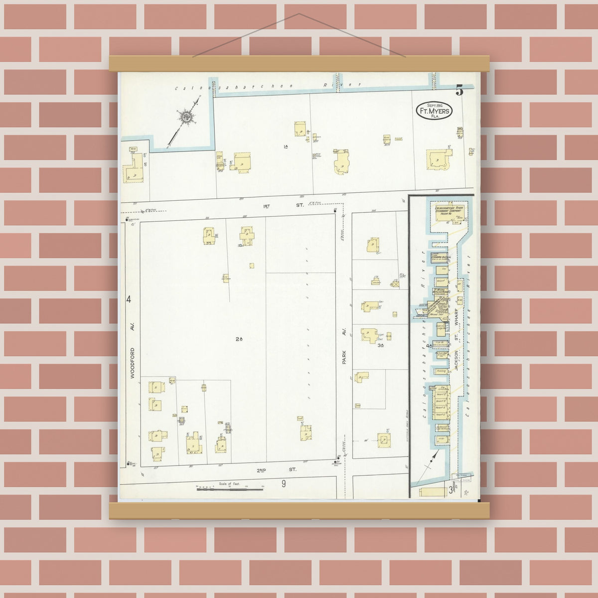 Old map wall art mockup — magnetic wood frame on brick wall — Sanborn Fire Insurance Map from Fort Myers, Lee County, Florida (1914), Sheet #0005