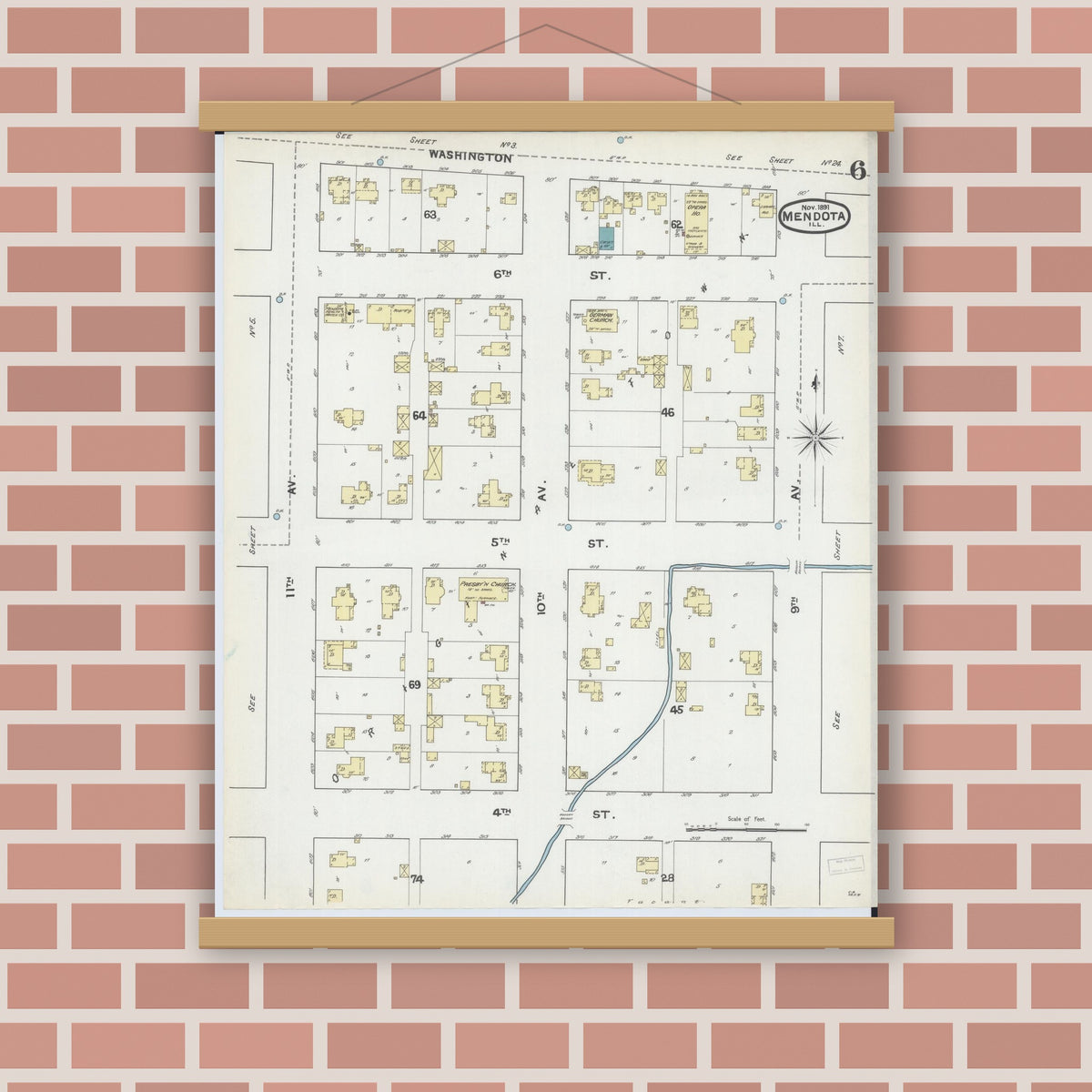 Old map wall art mockup — magnetic wood frame on brick wall — Sanborn Fire Insurance Map from Mendota, La Salle County, Illinois (1891), Sheet #0006