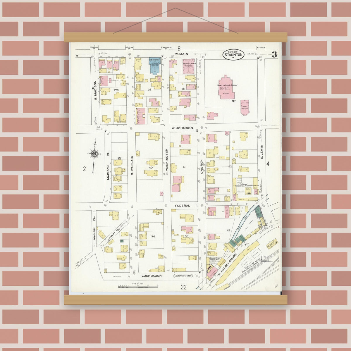 Old map wall art mockup — magnetic wood frame on brick wall — Sanborn Fire Insurance Map from Staunton, Independent Cities, Virginia (1909), Sheet #0003
