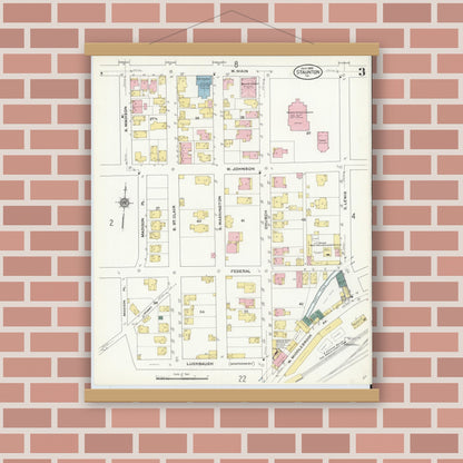 Old map wall art mockup — magnetic wood frame on brick wall — Sanborn Fire Insurance Map from Staunton, Independent Cities, Virginia (1909), Sheet #0003