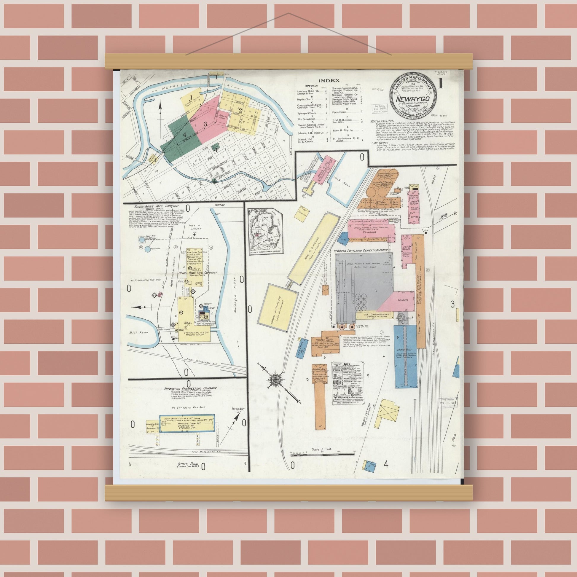 Old map wall art mockup — magnetic wood frame on brick wall — Sanborn Fire Insurance Map from Newaygo, Newaygo County, Michigan (1921) - Complete Map Set
