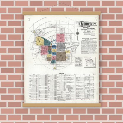 Old map wall art mockup — magnetic wood frame on brick wall — Sanborn Fire Insurance Map from Moberly, Randolph County, Missouri (1923) - Complete Map Set
