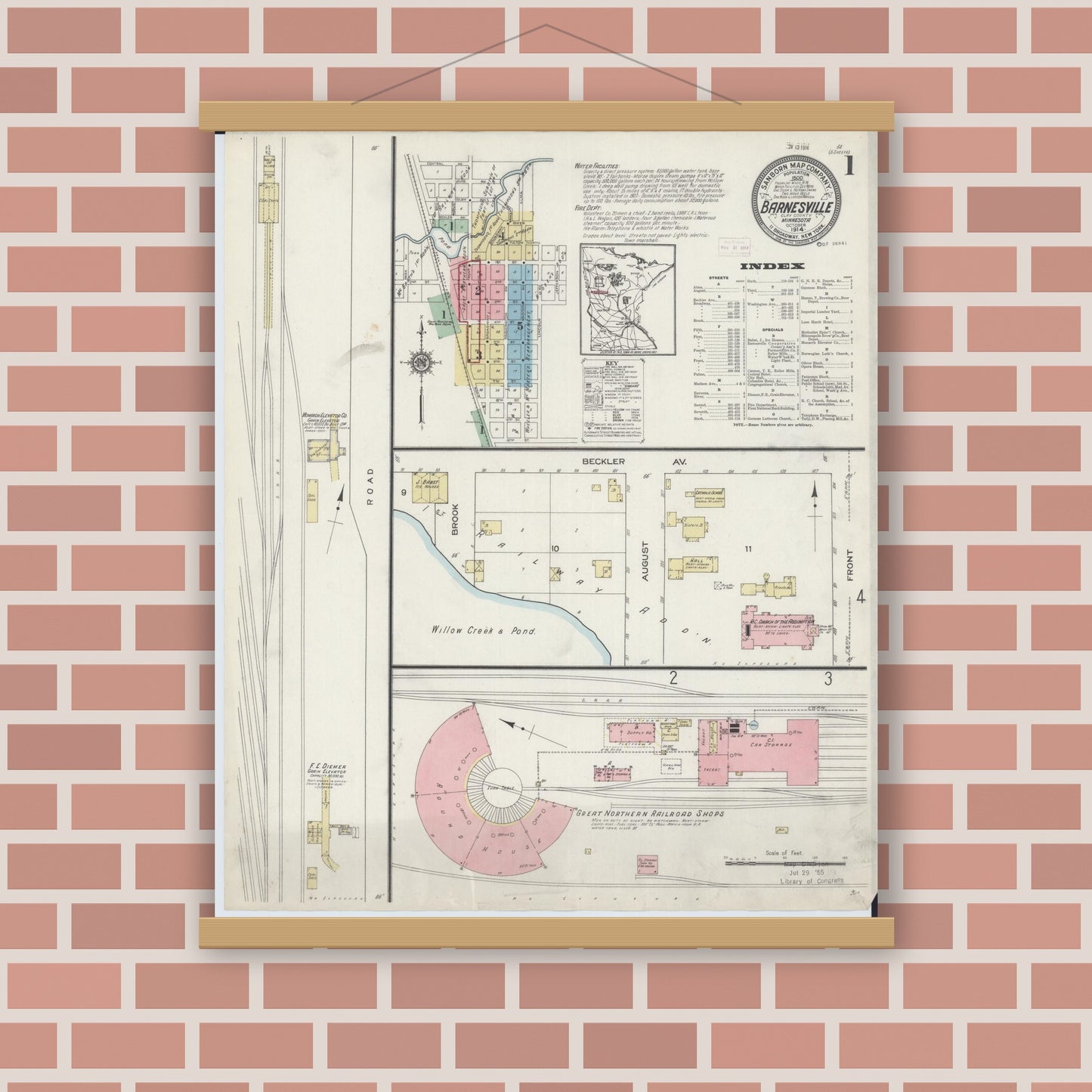 Old map wall art mockup — magnetic wood frame on brick wall — Sanborn Fire Insurance Map from Barnesville, Clay County, Minnesota (1914) - Complete Map Set