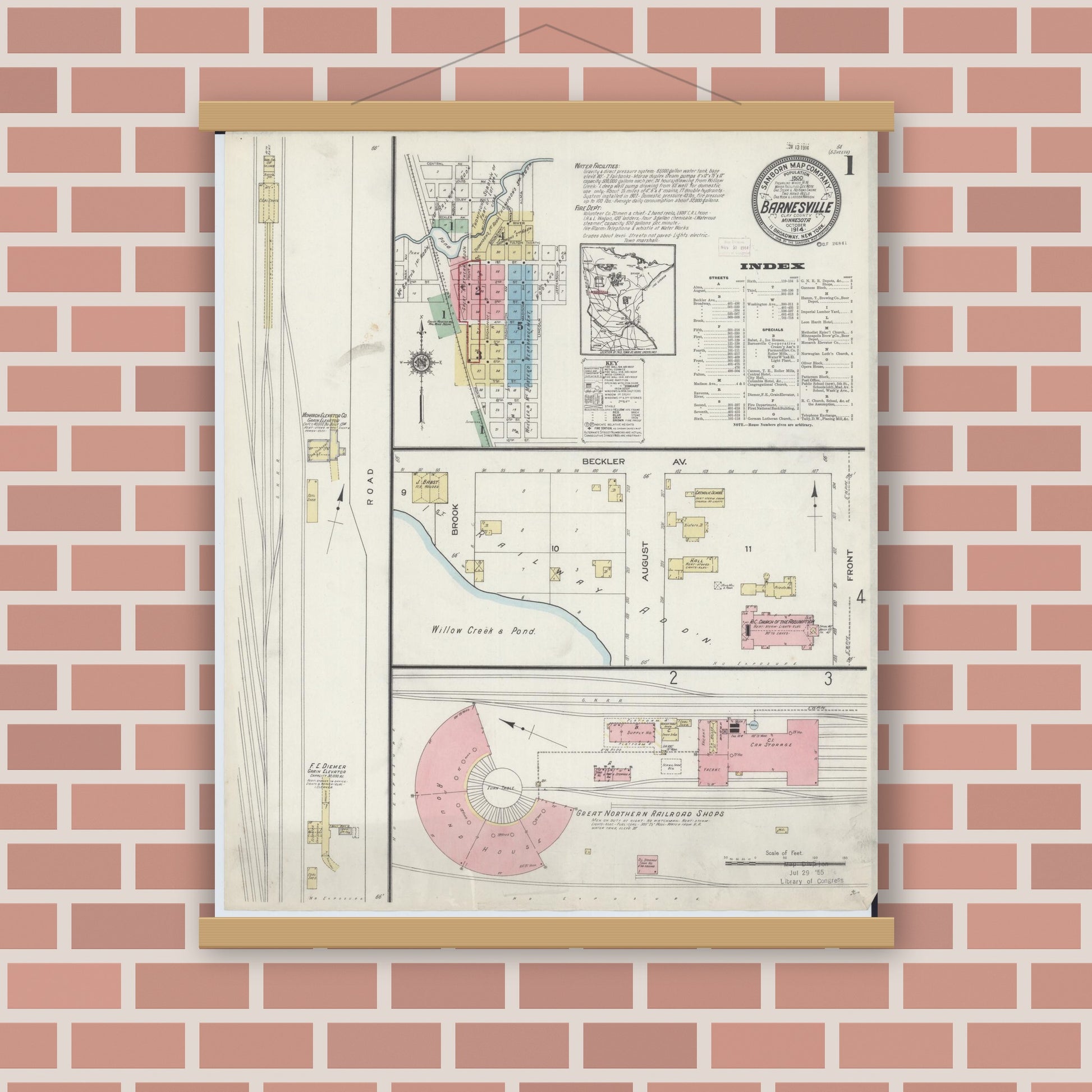 Old map wall art mockup — magnetic wood frame on brick wall — Sanborn Fire Insurance Map from Barnesville, Clay County, Minnesota (1914) - Complete Map Set