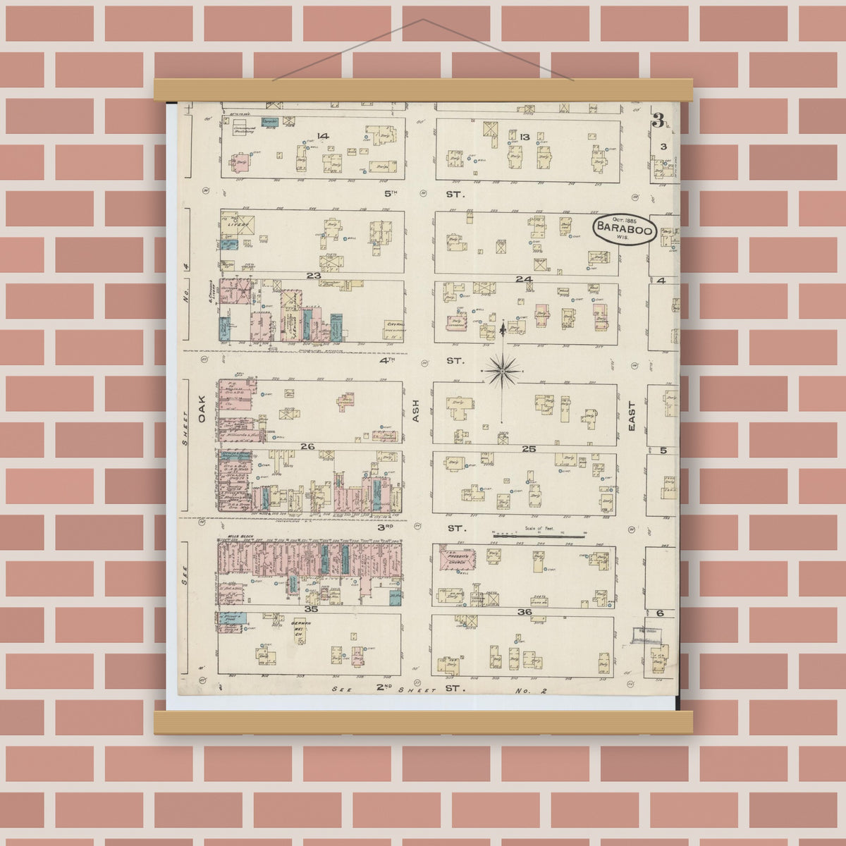 Old map wall art mockup — magnetic wood frame on brick wall — Sanborn Fire Insurance Map from Baraboo, Sauk County, Wisconsin (1885), Sheet #0003